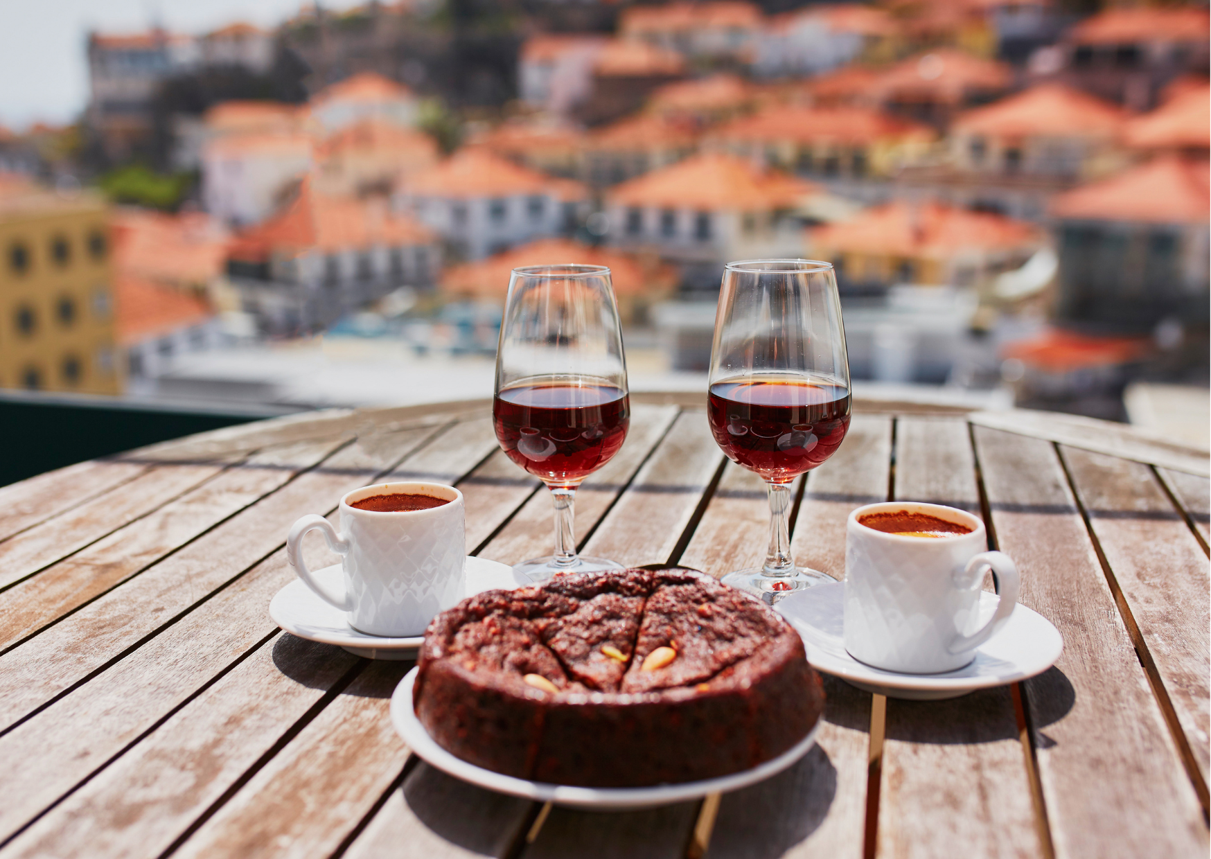 Madeira Wine and Coffee and Honey Cake - Sweet Port Dessert Wine - Typical Breakfast in Portugal, Portuguese Breakfast, Traditional Breakfast in Portugal