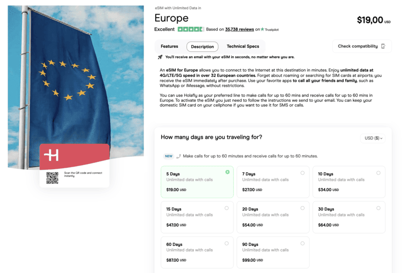 Holafly Europe eSIM Regional Plan - Unlimited with Calls
