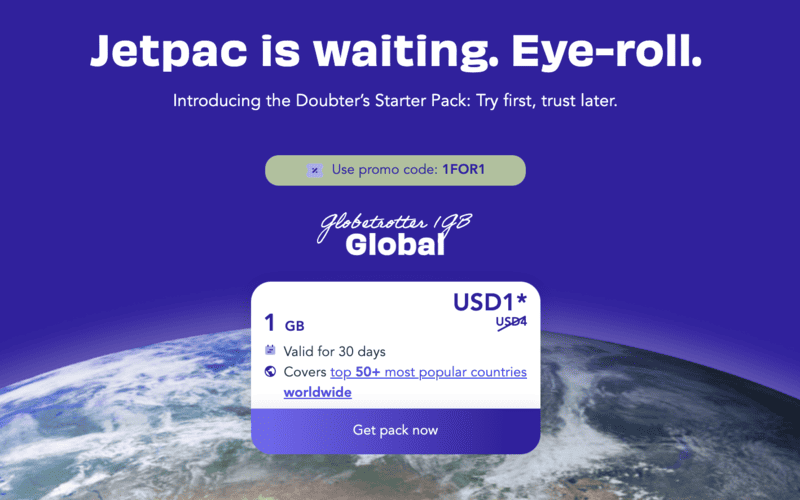 As part of Jetpac eSIM early offers to encourage users, they have multiple $1 USD deals on site, Jetpac Review